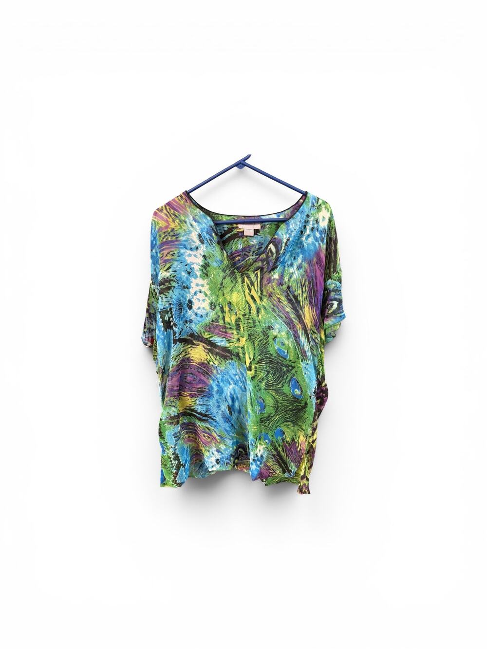 Peppermint Bay Peacock Print Tunic Top Womens Large Blue Green Rayon V Neck